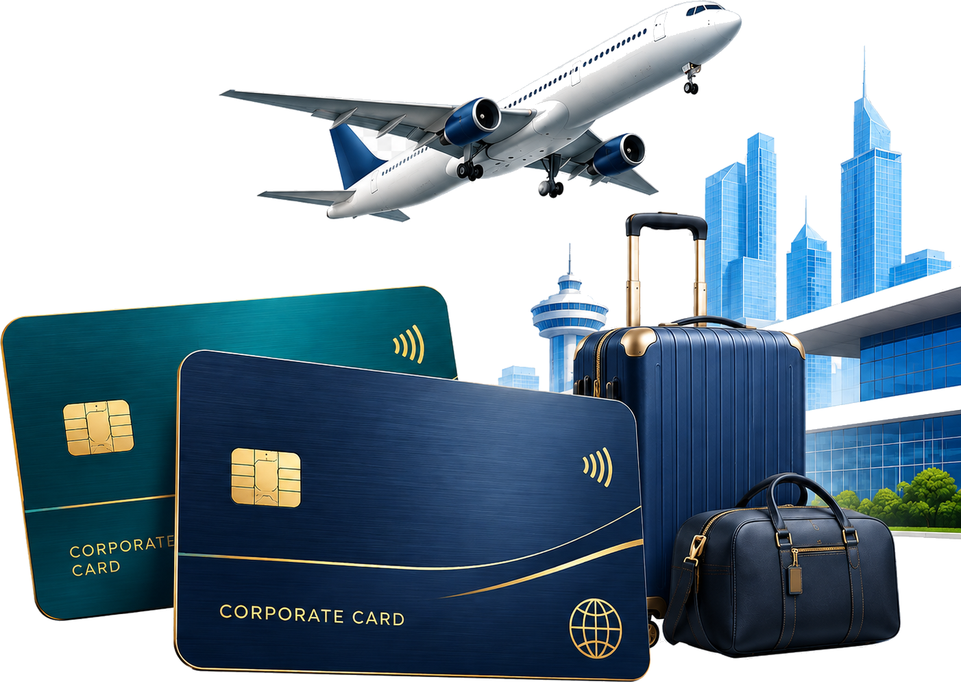 Premium corporate travel illustration with two credit cards, airplane, luggage, and airport buildings